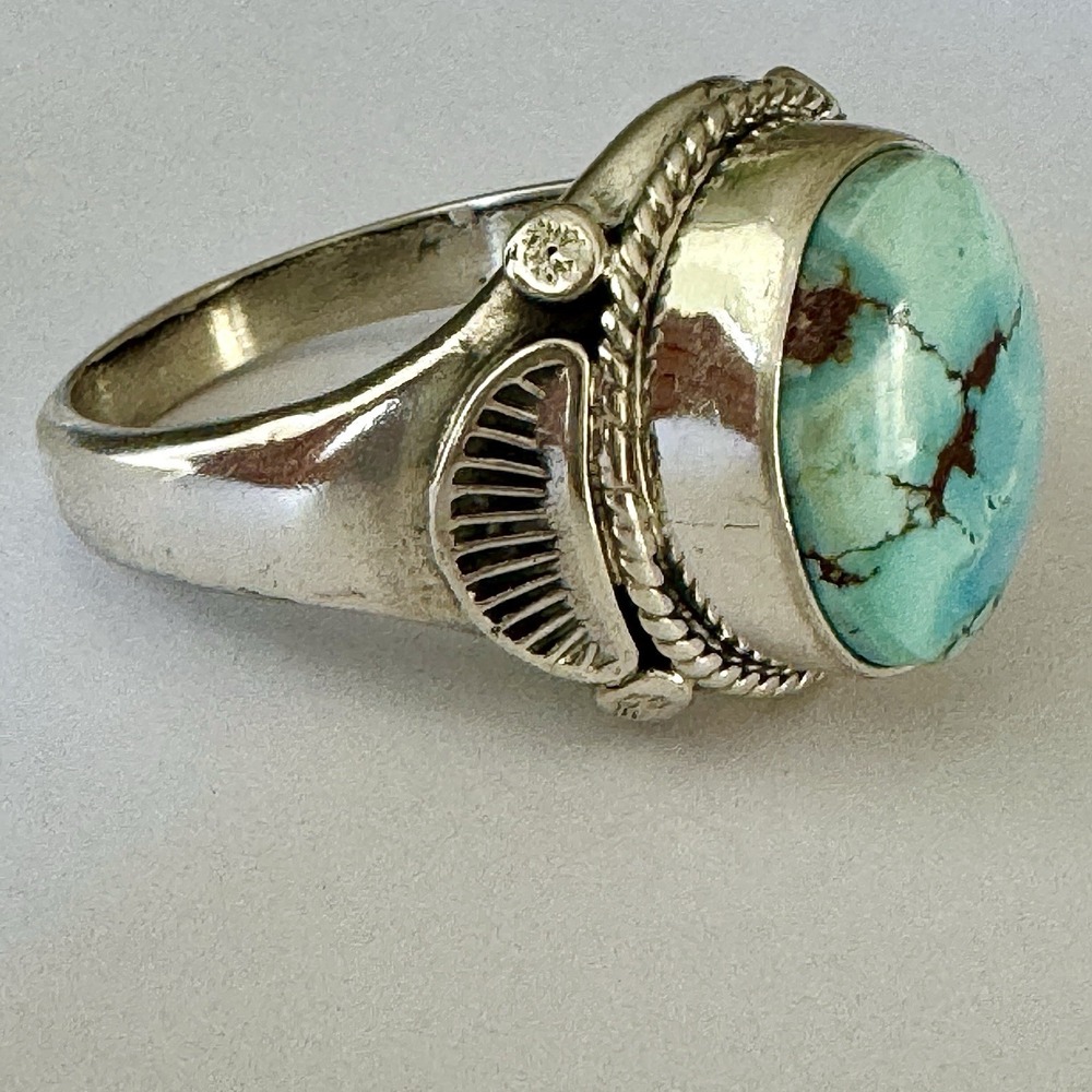 Navajo Blue Turquoise Ring Golden Hills Sz 13.5 Mens Signed Tsosoie Native Amer - Picture 8 of 12